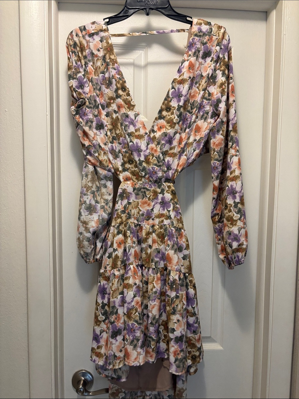 Lush Floral V-Neck Tiered Long-Sleeve Dress - Purple, Peach & Olive